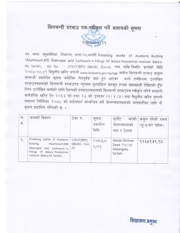 सिलबन्दी दरभाउ पत्र आसयको सूचना